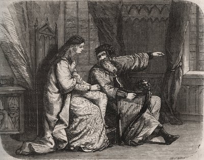 Fredegonde (545-597) zwierza się ze swoich obaw harfiarzowi Barbantiniemu, ponieważ jego kochanek Chilperic (wówczas król franków Chilperic I (543-597) nie ożenił się z nim. 565. Rycina z 1871 w „Histoire Des Cocuses Celebres”” autorstwa Henryka de Kocka ( autorstwa French School