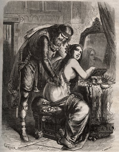 Fredegonde (545-597) zabiera swojego męża, króla franków Chilperic I (543-597), dla swojego kochanka Landerica. Król odkrywa, gdy jego żona go zdradza. Grawer z 1871 r. w „Histoire Des Cocuses Celebres” Henry