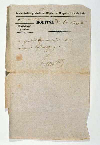 Bezpłatna recepta z Hopital de la Charite, Paryż, 7 marca 1837 autorstwa French School