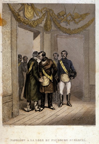 Freemaking: Napoleon Joseph Charles Paul Bonaparte, nazywany Księciem Hieronimem lub Plonplonem, zidentyfikowany przy wejściu do Świątyni Faubourg Saint Marcel. Grawer z „”Malowniczej historii masonerii i starożytnych tajnych stowarzyszeń autorstwa French School