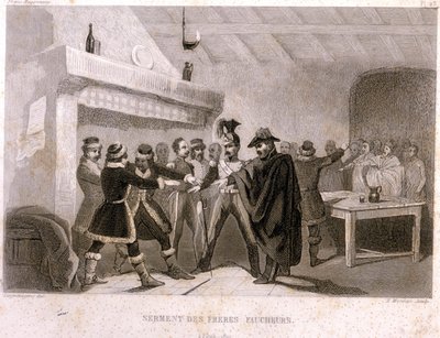 Wolnomularstwo: przysięga braci żniwiarzy w Potoku w 1821 r. Rycina z „” Malowniczej Historii Francuzów Maconnerie et des Societes Secretes antique et moderne” autorstwa F.-T. B. Clavel. Pagnere, redaktor. 1843. autorstwa French School