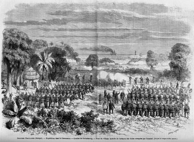 Kolonie francuskie (Senegal) 1865: Wyprawa w Casamance. Bitwa pod Guimbering, Zdobycie wioski, odcinek ataku na zajęte przez wroga wydmy. autorstwa French School