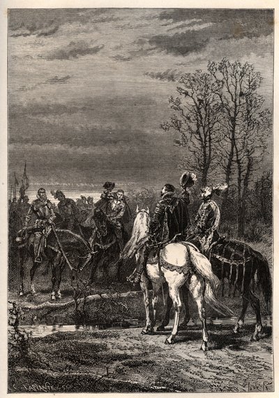 Francuskie wojny religijne - Październik 1569 Wojna Religijna - Rozmowy poprzedzające bitwę pod Moncontour (Henri, przyszły książę Anjou Henryk III i Gaspard II z Coligny - Bitwa pod Moncontour (październik 1569) - grawerowanie z „” Historia opowiedziana w autorstwa French School