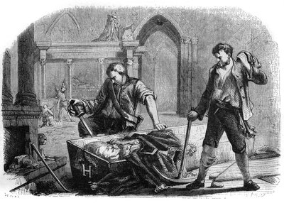 Rewolucja Francuska (Konwencja): otwarcie trumny króla Henryka IV (1553-1610) podczas profanacji grobów królewskich kościoła św. Denisa w 1793 r. Rycina z 1860 r. autorstwa French School