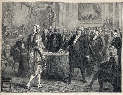 Rewolucja Francuska - Zgromadzenie Ogólne 23/06/1789: Honore Gabriel (Honore-Gabriel) Riqueti, hrabia Mirabeau (1749-1791) przemawiający do Henri Evrard (Henri-Evrard), markiza Dreux Breze (Dreux-Breze) (1762- 1829). Rycina z 1889 r. Ze zbiorów prywatnych. autorstwa French School