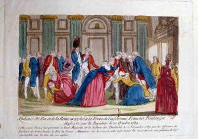 Rewolucja Francuska: „” Audiencja Ludwika XVI i Marii Antoniny w dniu 15.11.1789 udzielona wdowie po masakrze Francois Boulanger przez lud 21.10.1789”” Rycina z XVIII wieku. Paryż, Biblioteka Arsenału autorstwa French School