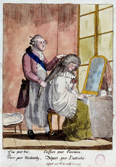 Rewolucja francuska: Kreskówka o ucieczce rodziny królewskiej do Varenne w dniach 20 i 21/06/1791: Król Ludwik XVI stylizujący królową Marię Antoninę miał wyjechać z fałszywym paszportem guwernantki dzieci baronowej Korff. Anonimowy kolor autorstwa French School