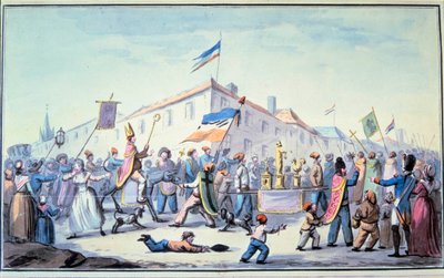 Rewolucja Francuska: „”Uformowana maskarada ludu ubiera się w szaty kapłańskie””. Anonimowa akwarela. 1793. Paryż, Biblioteka L