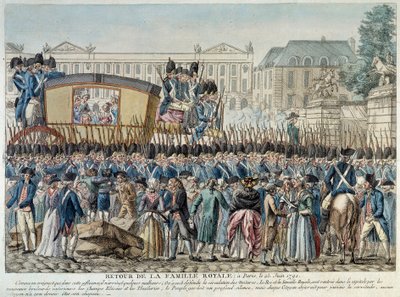 Rewolucja francuska: "Powrót rodziny królewskiej do Paryża 25.06.1791 r." Orszak przejeżdża przez Place de la Concorde. Rycina szkoły francuskiej z końca XVIII wieku. Paris Musée Carnavalet autorstwa French School