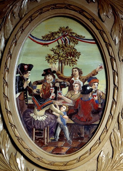 Rewolucja francuska: „”Posiłek republikański w Cafe Le Procope w Paryżu””Anonimowy obraz. XVIII-wieczny Paryż, Le Procope autorstwa French School