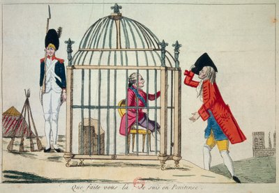 Rewolucja Francuska: „Co robisz, jestem w skrusze” Król Ludwik XVI (1754-1793) przedstawia w klatce w przededniu jego ucieczki do Varennes w czerwcu 1791 r. Rycina satyryczna Paryż, Biblioteka Arsenału autorstwa French School