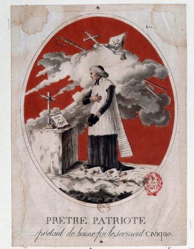 Rewolucja Francuska: ksiądz-patriota składający przysięgę obywatelską w dobrej wierze. Rycina z XVIII wieku. Paryż, Biblioteka Arsenału autorstwa French School
