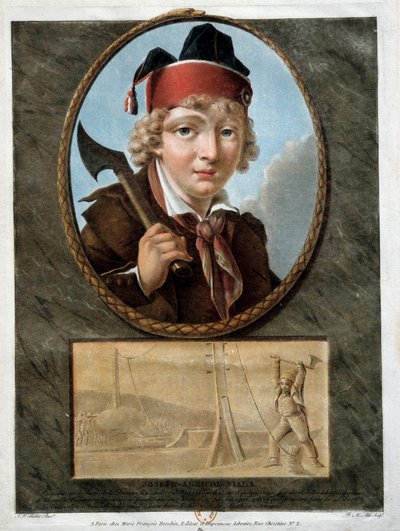 Rewolucja Francuska: portret młodego Josepha Agricola Viali (1780-1793), który brał udział w powstaniu w Marsylii w 1793 roku. Przedstawia go na dole, który przecina liny pontonu de la Durance, aby zatrzymać przejście rojalistów. XVIII wiek autorstwa French School