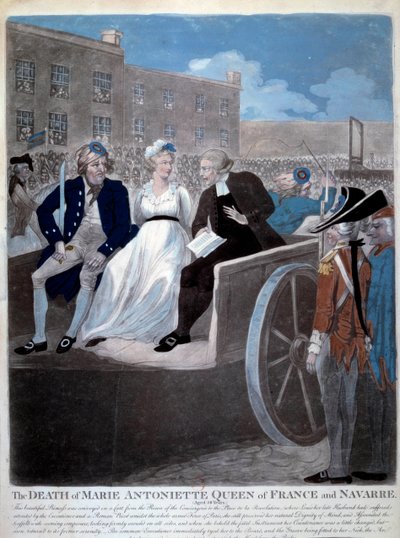 Rewolucja francuska: "Królowa Francji Maria Antonina (1755-1793) zostaje zabrana na gilotynę". Rycina z 1793 roku. Paryż, Biblioteka Arsenału autorstwa French School