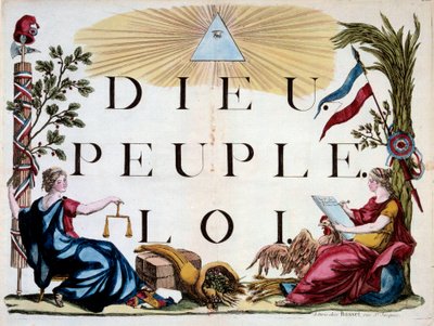 Rewolucja Francuska: boski trójkąt oświecający Boga, Lud i Prawo, alegorie Francji, Sprawiedliwości, Obfitości i republiki. Rycina z 1794 r. Paryż, Biblioteka Arsenału autorstwa French School