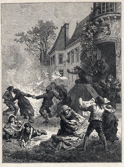 Rewolucja francuska: chłopi palili tytuły feodalne i tańczyli wokół ognia z okazji zniesienia przywilejów w sierpniu 1789 r. Rycina z 1889 r. Zbiory prywatne. autorstwa French School