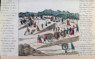 Rewolucja francuska: robotnicy na Polach Marsowych w Paryżu w 1789 r. Paryż, Musee Carnavalet autorstwa French School