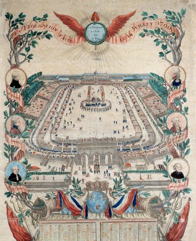 Rewolucja francuska: widok na święto federacji narodowej 14/07/1790 na Polach Marsowych. Rycina z 1790 roku. Paryż, Archiwum Narodowe autorstwa French School
