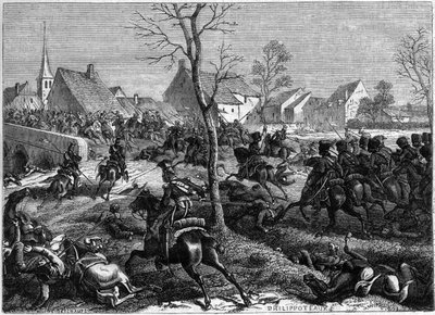 Wojska francuskie i polskie zdobywają most Berryau-Bac (Aisne), marzec 1814 - Campagne de France (1814) - generał Nansouty wraz z kawalerią gwardii i Polakami generała Paca zajmuje most Berryau Bac - w „ Historia imperium po autorstwa French School