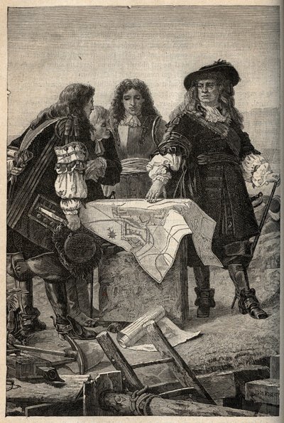 Francuski architekt Vauban opracowuje plany fortyfikacji Belfort (wschodnia Francja) na zlecenie Ludwika XIV w 1687 r. - Sebastien Le Prestre de Vauban podający plany obwarowań Belfort - grawerowanie w „PATRIE” - OPIS PECTUREQU autorstwa French School