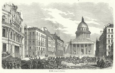 Oddziały armii francuskiej atakujące powstańców okupujących Panteon, Paryż, 24 czerwca 1848 (rycina) autorstwa French School
