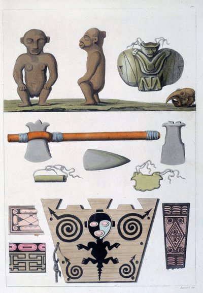 Kolonie francuskie: obiekty Arawaków, pierwszych mieszkańców Martyniki w Indiach Zachodnich. Grawerowanie XIX-wiecznego Chartres, Musee des Beaux Arts autorstwa French School