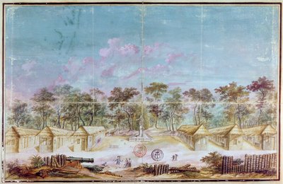 Osadnictwo francuskich kolonistów na plaży Kourou w Gujanie w 1763 r. (wc na papierze) autorstwa French School
