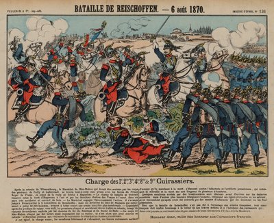 Francuscy kirasjerzy ładujący pruską piechotę w bitwie pod Reichshoffen, wojna francusko-pruska, 6 sierpnia 1870 (kolorowe grawerowanie) autorstwa French School
