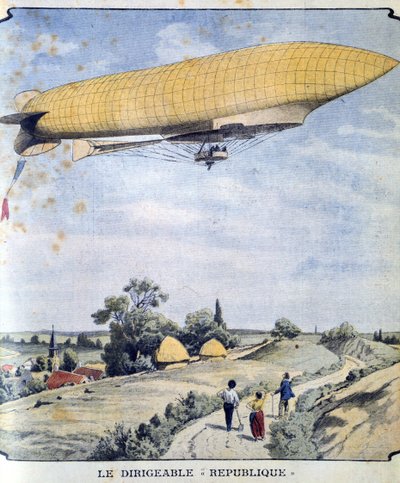 Francuski sterowiec wojskowy La Republique podczas swojego dziewiczego lotu z Paryża do Compiegne autorstwa French School