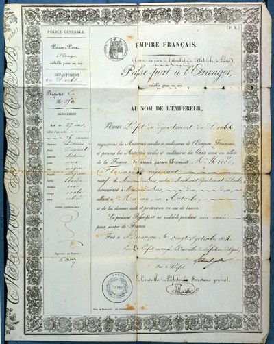 Paszport francuski, z Besancon, 20 września 1854 autorstwa French School