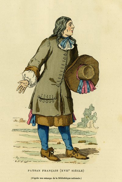 Francuski strój chłopski w XVIII wieku. Grawerowanie kolorami według odbitki biblioteki narodowej, w „France et les francais a travers les century” Augustina Challamela, redaktora F.Roya, Paryż 1882. Kolekcja Selva. autorstwa French School