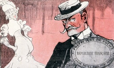 Francuska policja bada prostytutkę przed jej aresztowaniem. XIX-wieczna Francja. Ilustracja francuska 1890 autorstwa French School