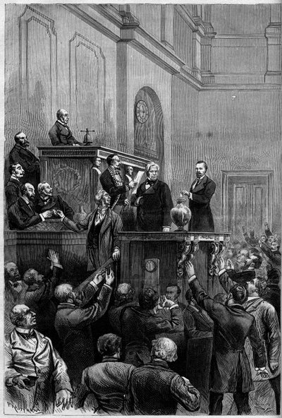 Wybory prezydenckie we Francji, 30 stycznia 1879 r.: po rezygnacji Mac Mahona (Mac-Mahon) parlamentarzyści przegłosowali wybór nowego prezydenta Republiki. Rycina przedstawia Julesa Armanda (Jules-Armand) Dufaure (1798-1881) oddającego swoją kartę do głoso autorstwa French School