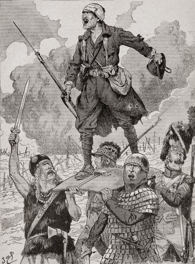 Francuski plakat propagandowy zatytułowany „On Les Aura”, czyli Będziemy ich mieć. Czterech żołnierzy z różnych okresów historycznych niesie na tarczy rannego, ale buntowniczego żołnierza z I wojny światowej. Z Agenda Buvard du Bon Marche opublikowanej w 1 autorstwa French School
