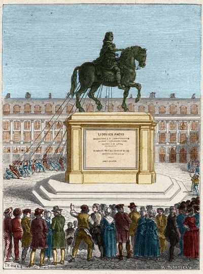 Rewolucja francuska: obalenie pomnika króla Ludwika XIV (1643-1715), Place Vendome w Paryżu autorstwa French School