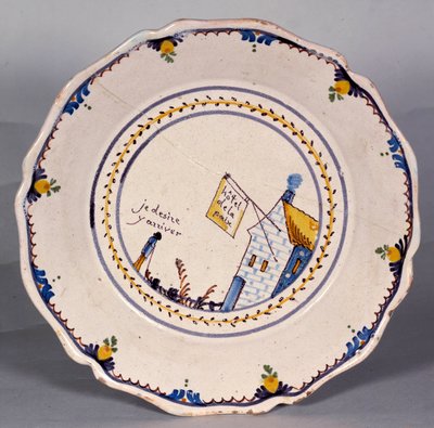 Rewolucja francuska: tabliczka z przedstawieniem hotelu de la Paix „Je chęć się tam dostać”. Ceramika XVIII wieku. Nevers, Musee Frederic Blandin autorstwa French School