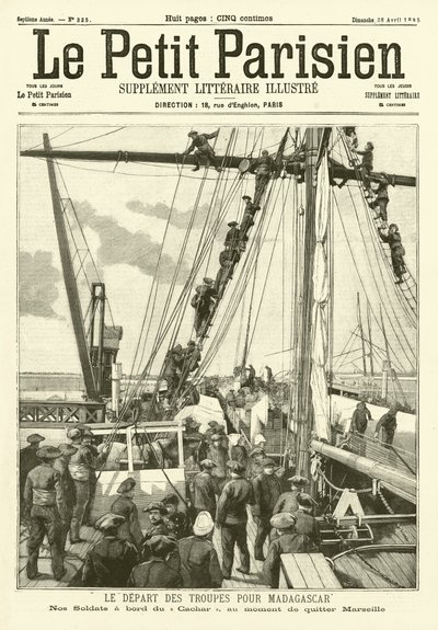 Żołnierze francuscy wyjeżdżający z Marsylii na Madagaskar (rycina) autorstwa French School