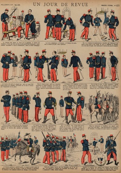 Żołnierze francuscy w dniu przeglądu (kolorowy grawerunek) autorstwa French School