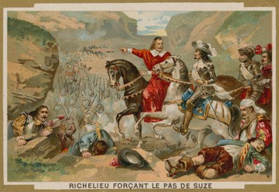 Wojska francuskie dowodzone przez kardynała Richelieu wymuszają przełęcz pod Suzą, Sabaudia, 1629 autorstwa French School