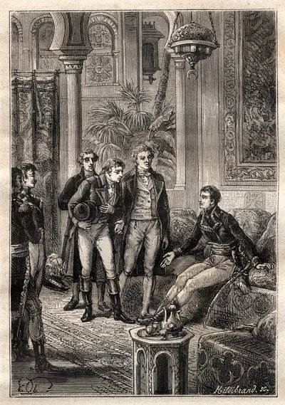 Friedrich Konrad Hornemann (1772-1801) spotkał Napoleona Bonaparte w Kairze w 1797 w obecności Gasparda Monge (1746-1818) i Claude Louis Berthollet (1748-1822) - ilustracja zaczerpnięta z „Wielkich Marynarzy XVIII wieku” autorstwa French School