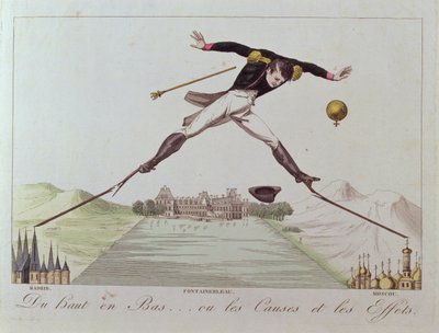 Od wysokiego do niskiego… czyli przyczyny i skutki, karykatura polityki zagranicznej Napoleona, ok. 1814 r. autorstwa French School