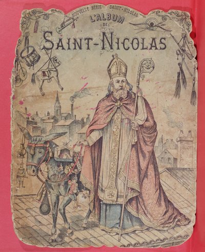 Okładka albumu ze zdjęciami przedstawiającymi św. Mikołaja niosącego prezenty dzieciom, koniec XIX w. (kolororyt) autorstwa French School