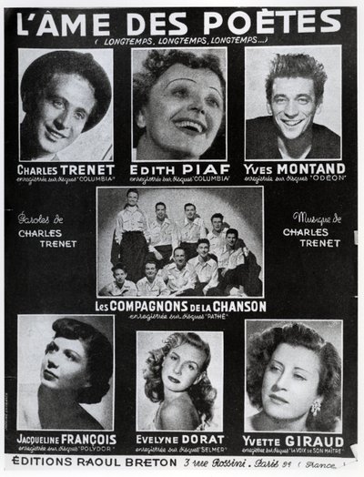 Okładka partytury utworu LAme des Poetes ze słowami i muzyką Charlesa Treneta, wydanej w Paryżu przez Editions Raoul Breton autorstwa French School
