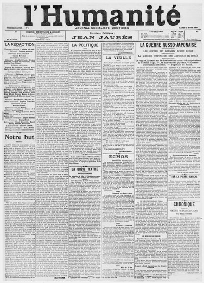 Strona tytułowa, pierwszy numer gazety LHumanite, 18 kwietnia 1904 (papier drukowany) autorstwa French School