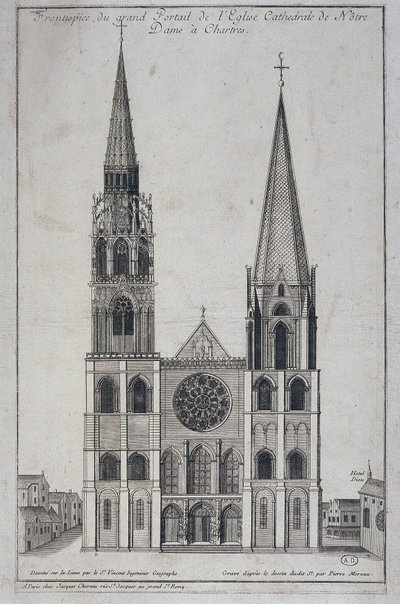 Frontyspicjum dużego portalu kościoła Cathedrale de Notre Dame à Chartres, zaprojektowanego na miejscu przez inżyniera geografa św. Wincentego, sd. 19 wiek autorstwa French School