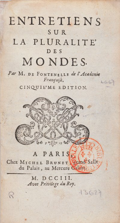 Frontyspis Wywiadów o pluralicie światów autorstwa Bernarda Le Bovier de Fontenelle (1657-1757), opublikowany w 1773 r. autorstwa French School