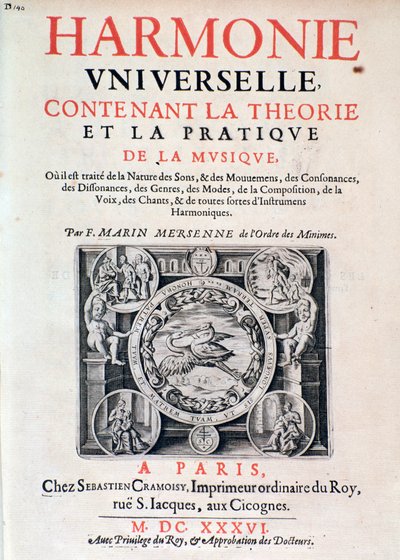 Frontyspis Harmonie universelle zawierający teorię i praktykę muzyki Marin Mersenne (Marin Mersennus lub le Pere Mersenne) (1588-1648), 1637. autorstwa French School