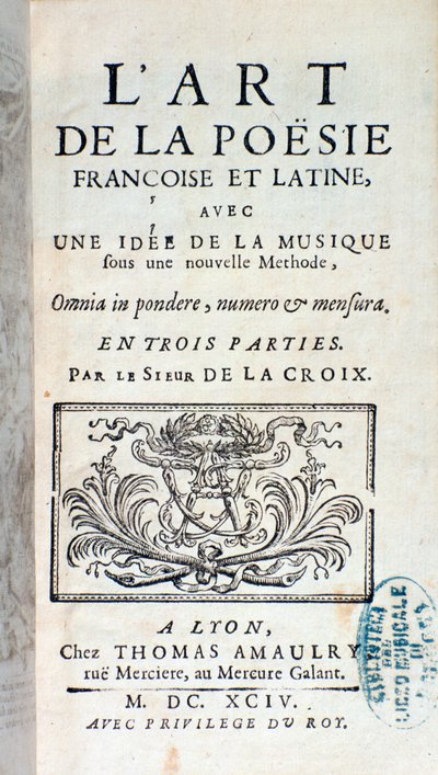 Frontyspis Sztuka poezji francuskiej i łacińskiej z ideą muzyki według nowej metody Pherotee La Croix autorstwa French School