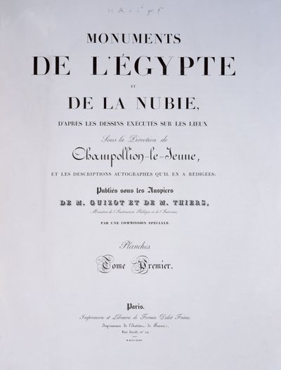Frontyspis I tomu Monuments de lEgypte et de la Nubie artysty, wydany w Paryżu przez Firmin-Didot, 1835 autorstwa French School
