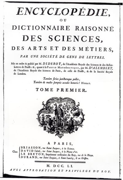 Frontyspis do The Encyclopedia of Science, Art and Engineering autorstwa Denisa Diderota (1713-84) opublikowany w Paryżu, 1751 autorstwa French School